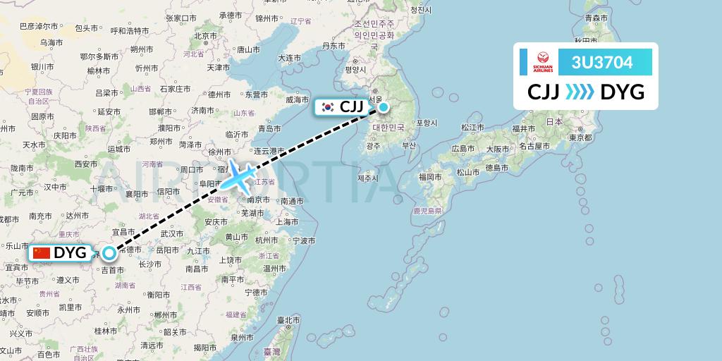 3U3704 Sichuan Airlines Flight Map: Cheongju to Dayong