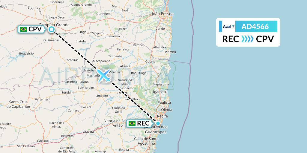 AD4566 Azul Brazilian Airlines Flight Map: Recife to Campina Grande