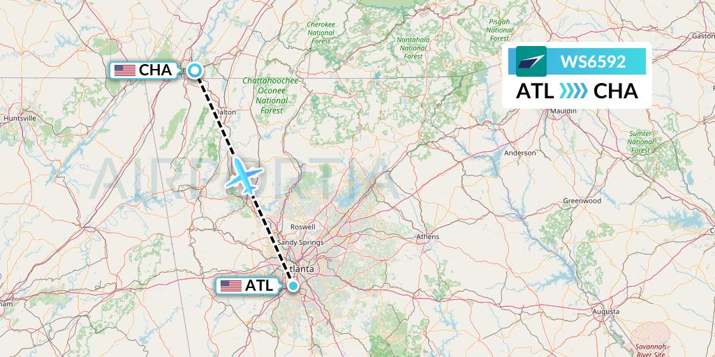 WS6592 WestJet Flight Map: Atlanta to Chattanooga