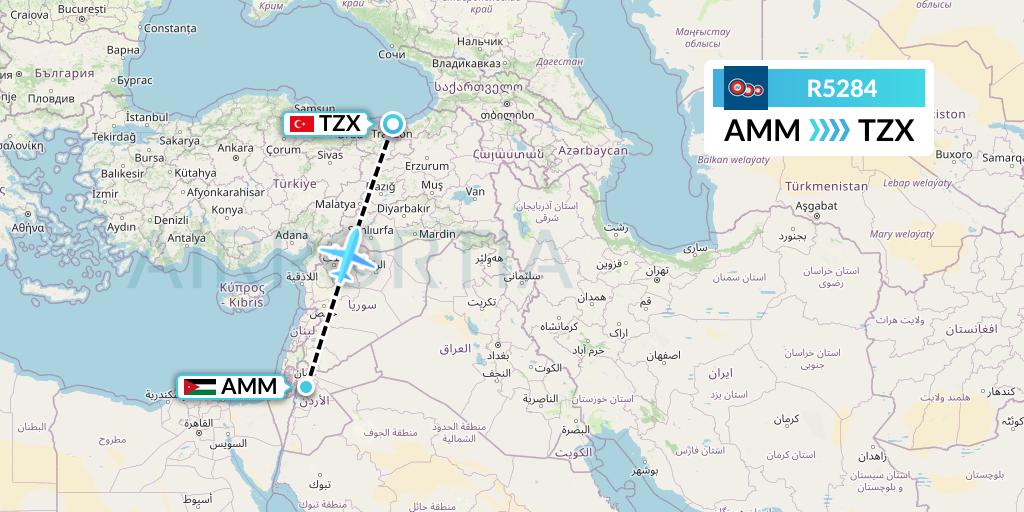 R5284 Jordan Aviation Flight Map: Amman to Trabzon