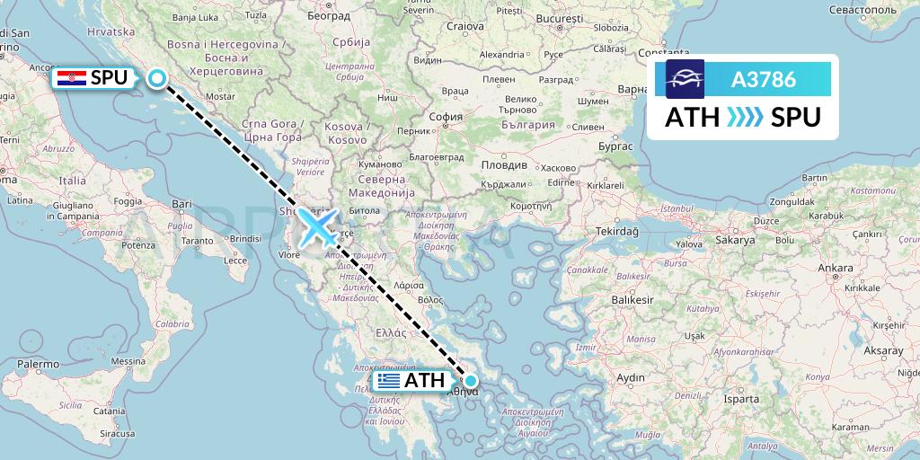 A3786 Aegean Airlines Flight Map: Athens to Split