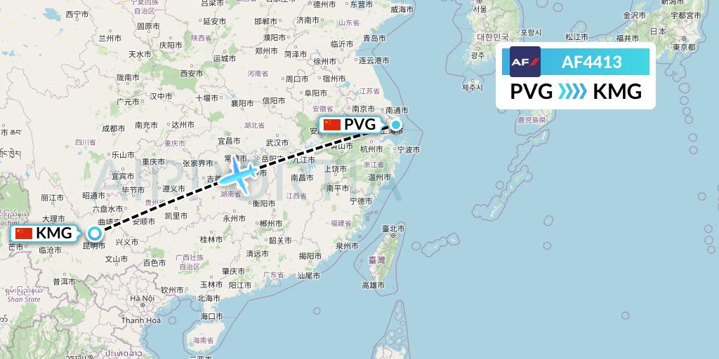 AF4413 Air France Flight Map: Shanghai to Kunming