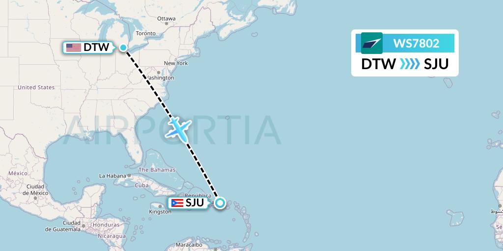 WS7802 WestJet Flight Map: Detroit to San Juan
