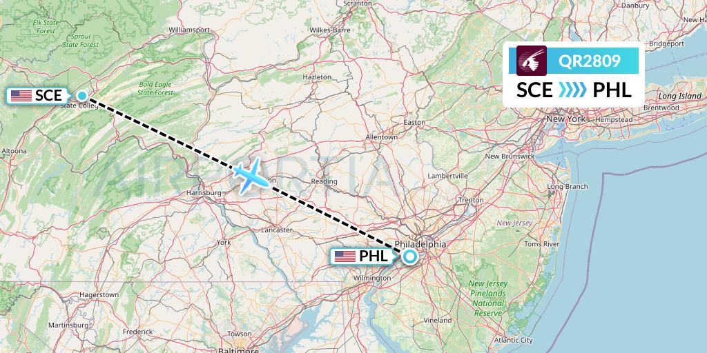 QR2809 Qatar Airways Flight Map: State College to Philadelphia