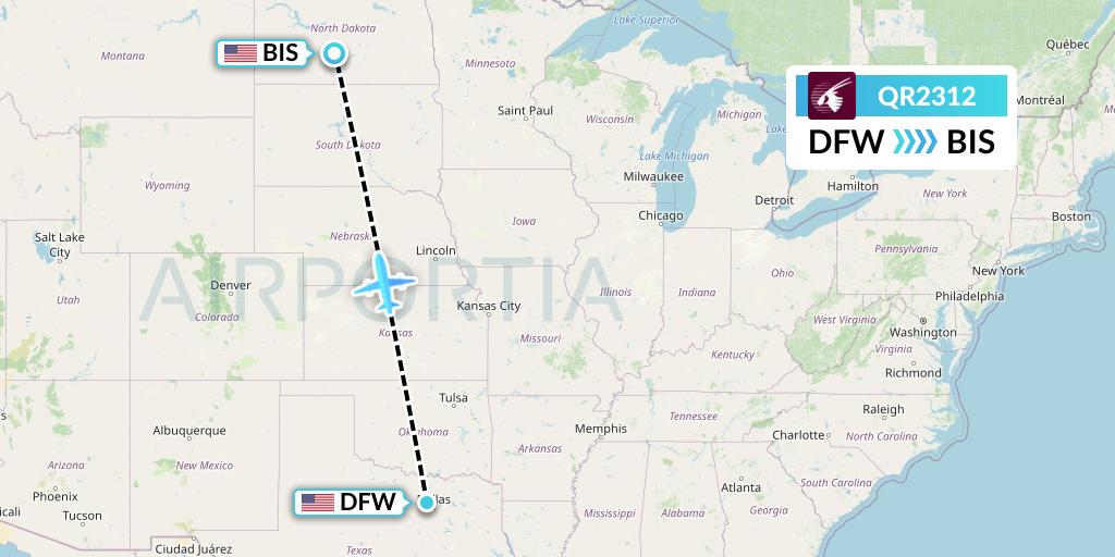 QR2312 Qatar Airways Flight Map: Dallas to Bismarck
