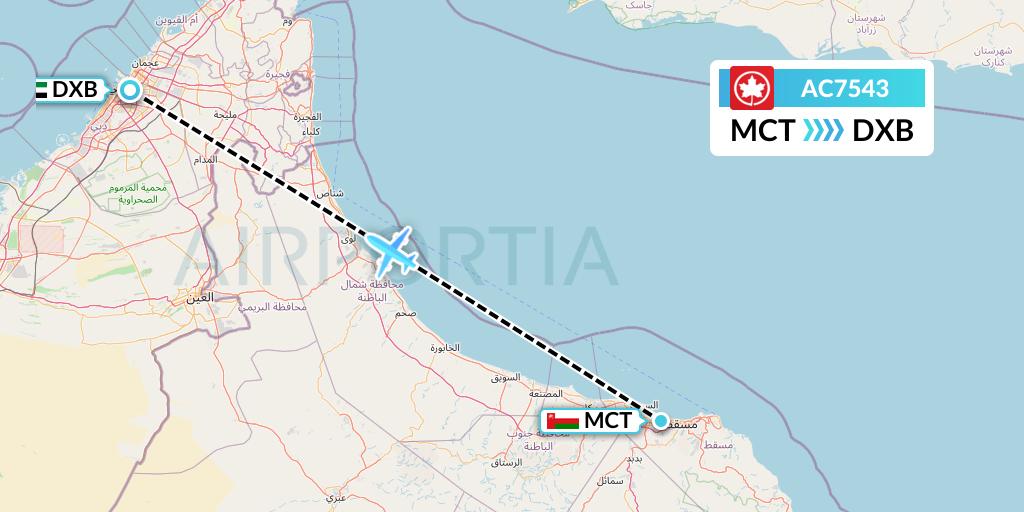 AC7543 Air Canada Flight Map: Muscat to Dubai