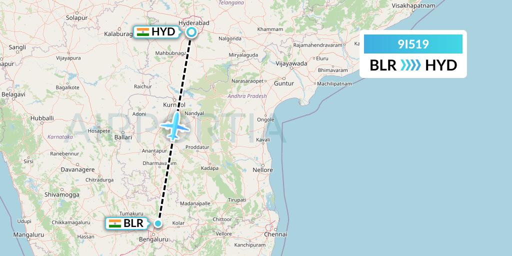 9I519 Air India Regional Flight Map: Bangalore to Hyderabad