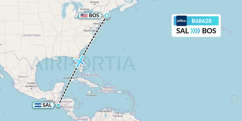 B68628 JetBlue Airways Flight Map: San Salvador to Boston