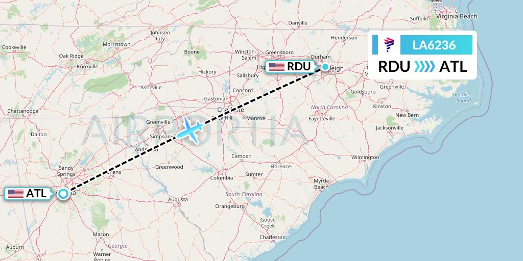 LA6236 LAN Airlines Flight Map: Raleigh-Durham to Atlanta