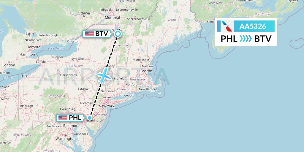 AA5326 American Airlines Flight Map: Philadelphia to Burlington