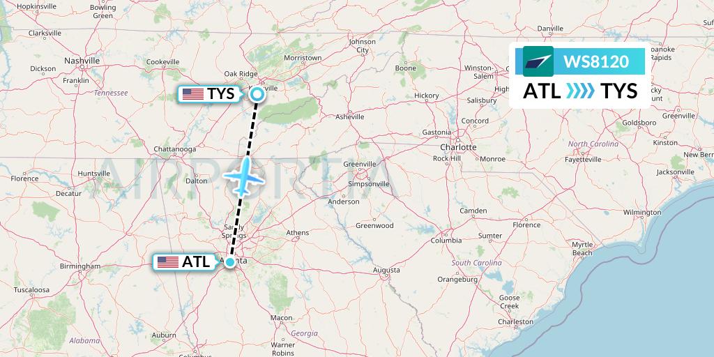 WS8120 WestJet Flight Map: Atlanta to Knoxville