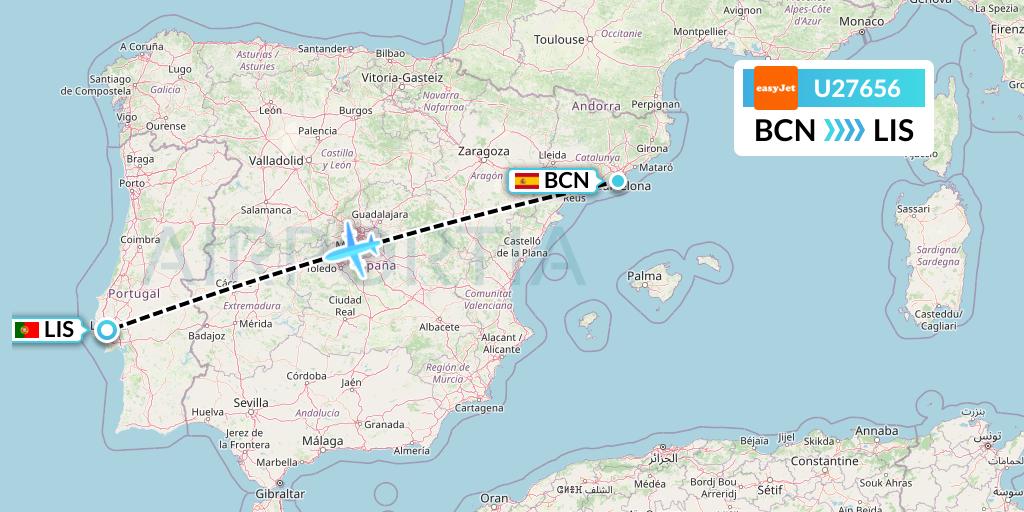 U27656 EasyJet Flight Map: Barcelona to Lisbon