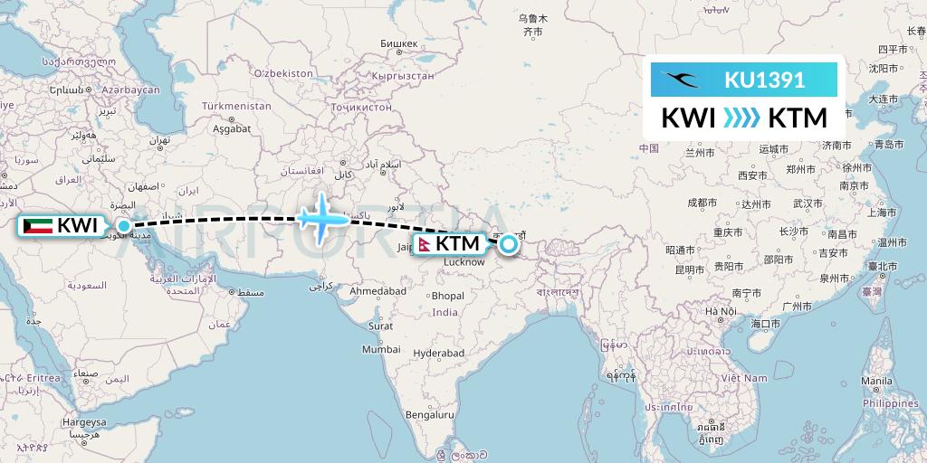 KU1391 Kuwait Airways Flight Map: Kuwait City to Kathmandu