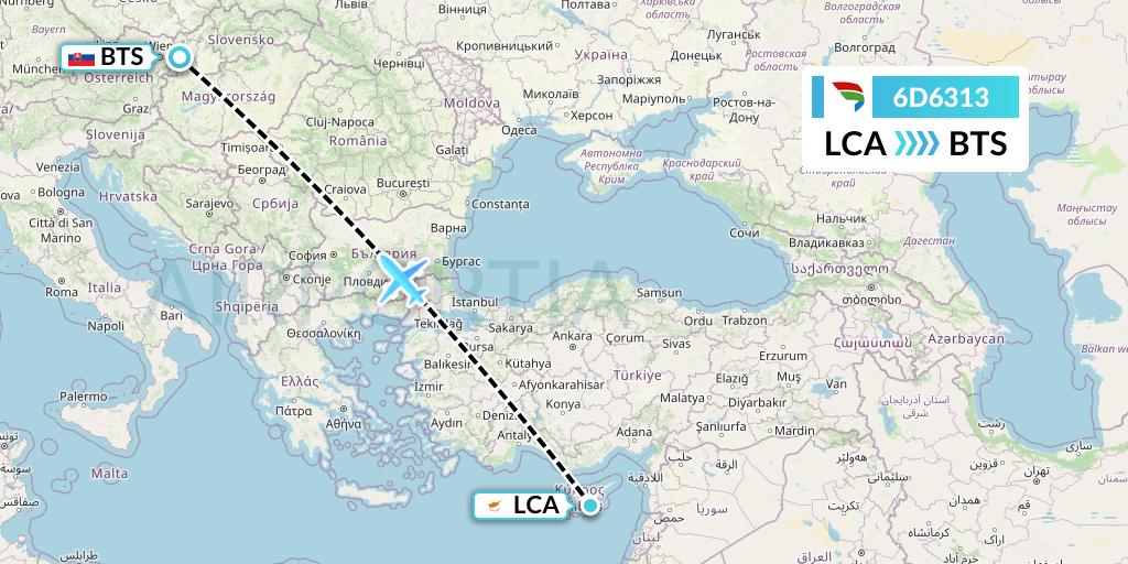 6D6313 Travel Service Slovakia Flight Map: Larnaca to Bratislava