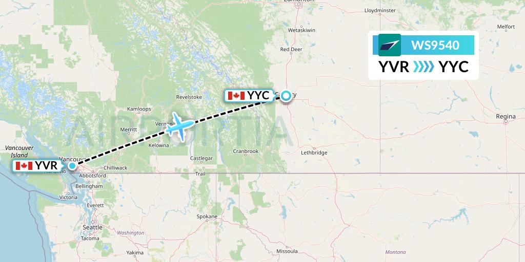 WS9540 WestJet Flight Map: Vancouver to Calgary