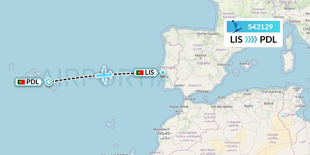 S43129 Azores Airlines Flight Map: Lisbon to Ponta Delgada