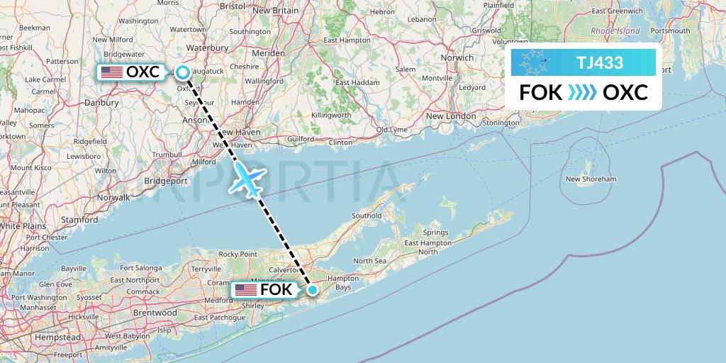 TJ433 Tradewind Aviation Flight Map: Westhampton Beach to Oxford