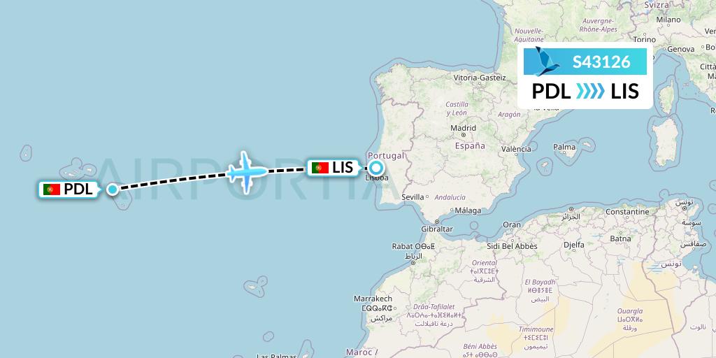 S43126 Azores Airlines Flight Map: Ponta Delgada to Lisbon