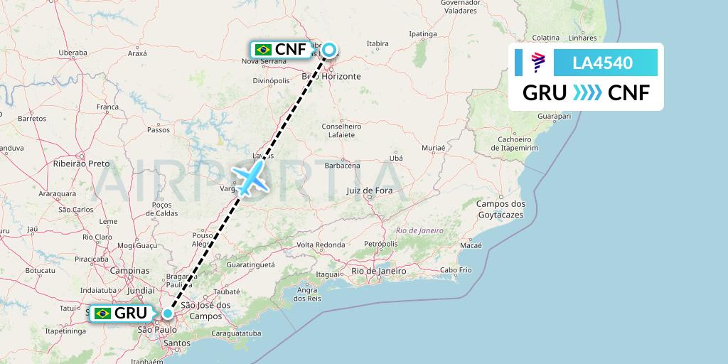 LA4540 LAN Airlines Flight Map: Sao Paulo to Belo Horizonte