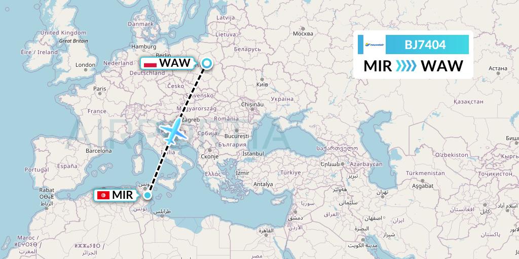 BJ7404 Nouvelair Tunisie Flight Map: Monastir to Warsaw