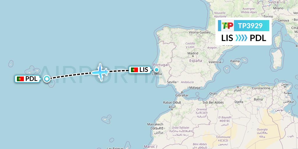 TP3929 TAP Portugal Flight Map: Lisbon to Ponta Delgada
