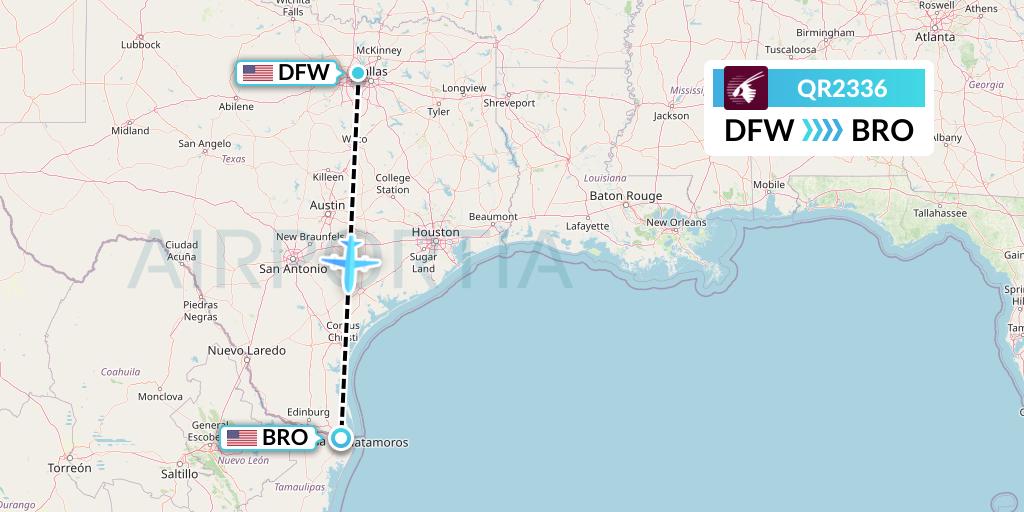 QR2336 Qatar Airways Flight Map: Dallas to Brownsville