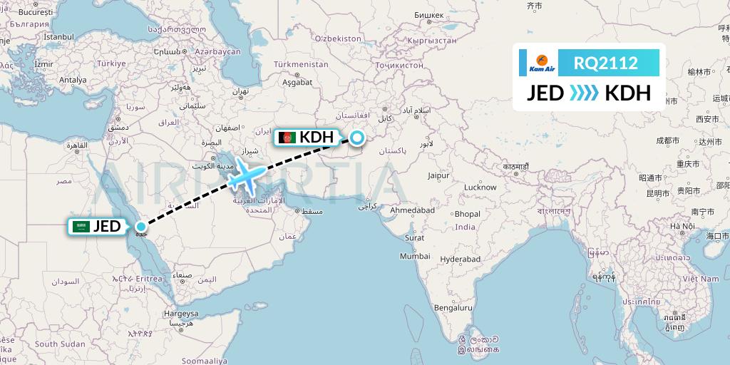 RQ2112 Kam Air Flight Map: Jeddah to Kandahar