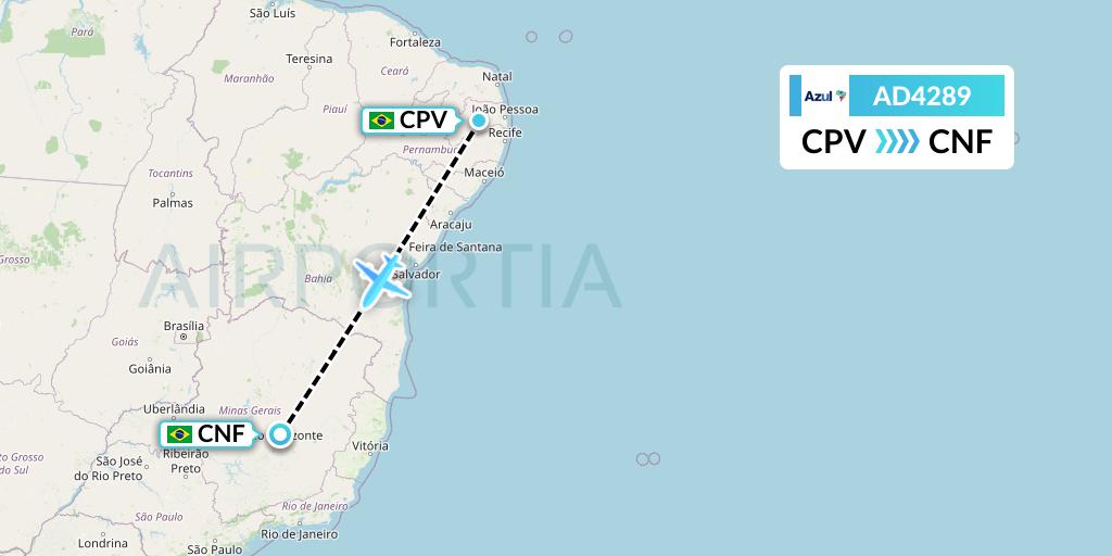 AD4289 Azul Brazilian Airlines Flight Map: Campina Grande to Belo Horizonte