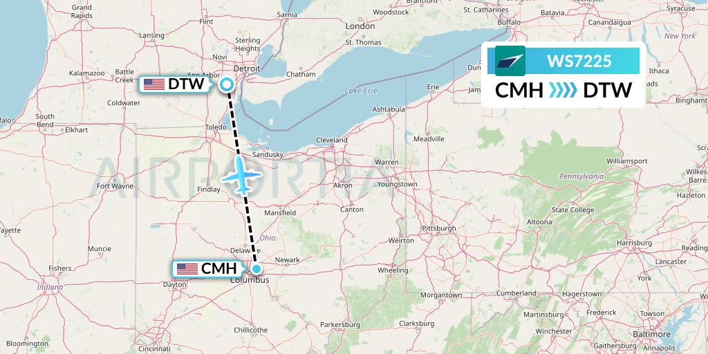 WS7225 WestJet Flight Map: Columbus to Detroit