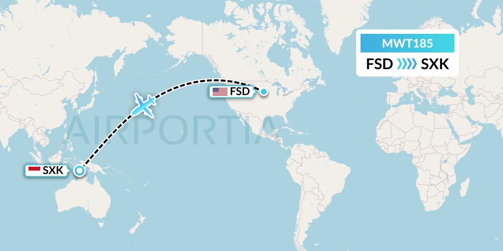 MWT185 Midwest Aviation Division Flight Map: Sioux Falls to Saumlaki-Yamdena Island