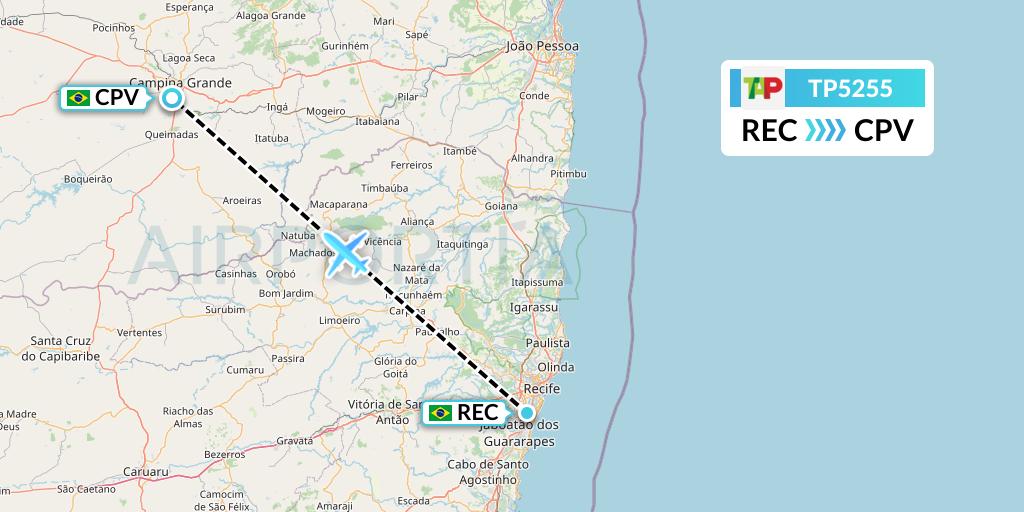 TP5255 TAP Portugal Flight Map: Recife to Campina Grande