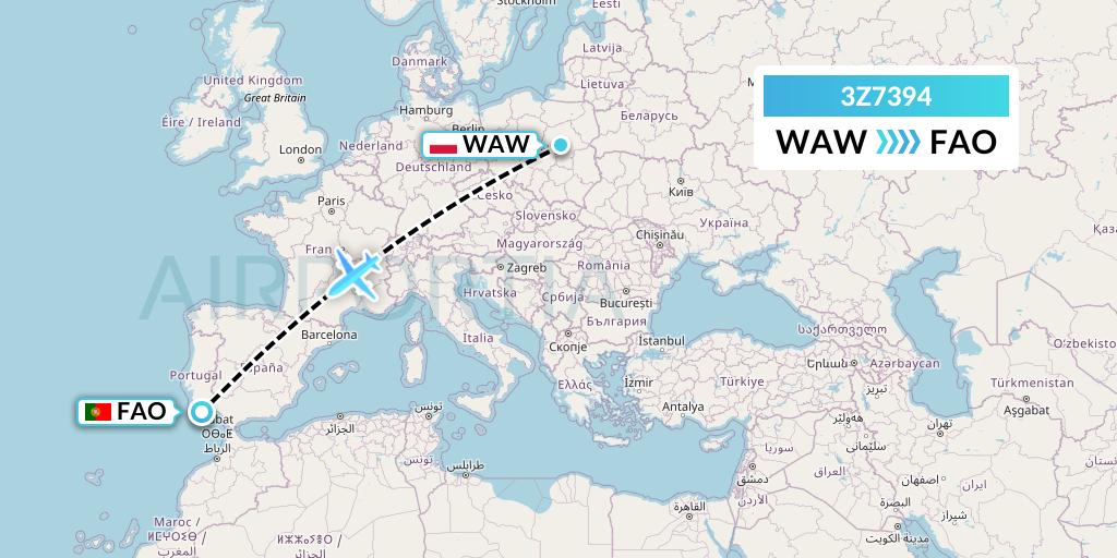 3Z7394 Travel Service Polska Flight Map: Warsaw to Faro
