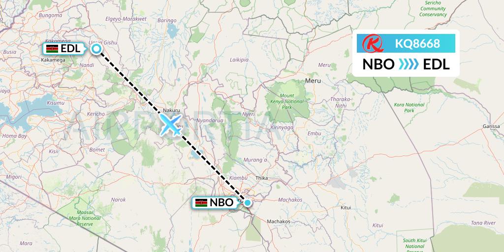 KQ8668 Kenya Airways Flight Map: Nairobi to Eldoret
