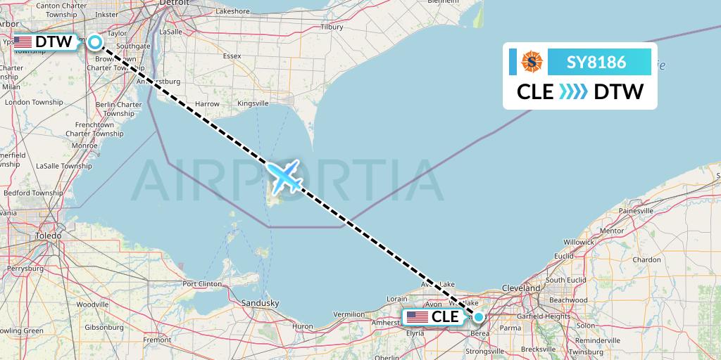 SY8186 Sun Country Airlines Flight Map: Cleveland to Detroit