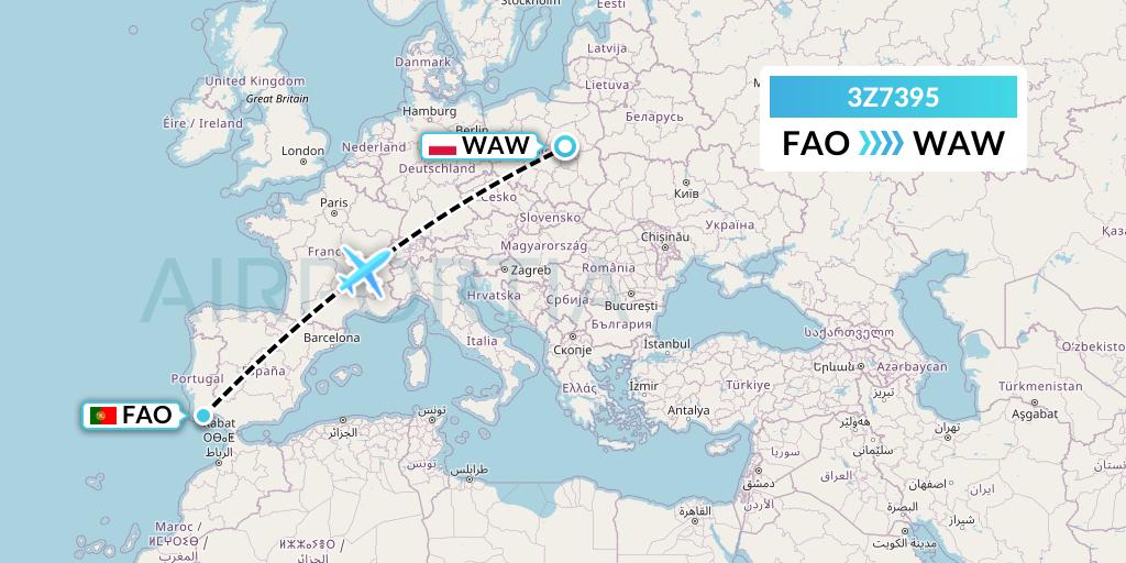 3Z7395 Travel Service Polska Flight Map: Faro to Warsaw