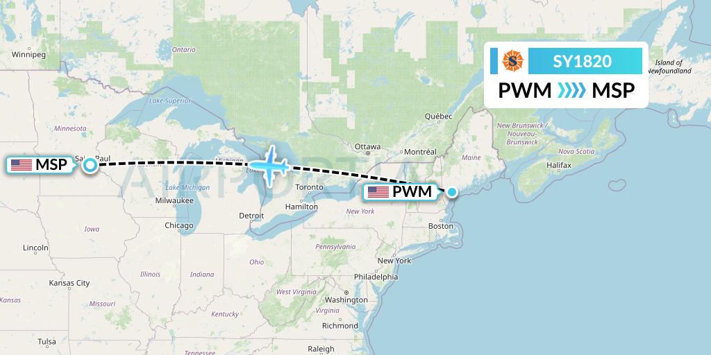 SY1820 Sun Country Airlines Flight Map: Portland to Minneapolis