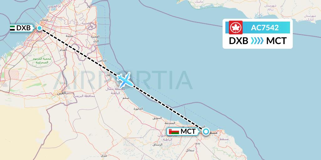 AC7542 Air Canada Flight Map: Dubai to Muscat
