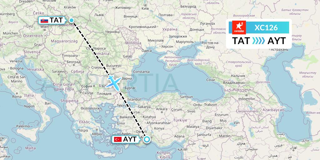 XC126 Corendon Airlines Flight Map: Poprad to Antalya