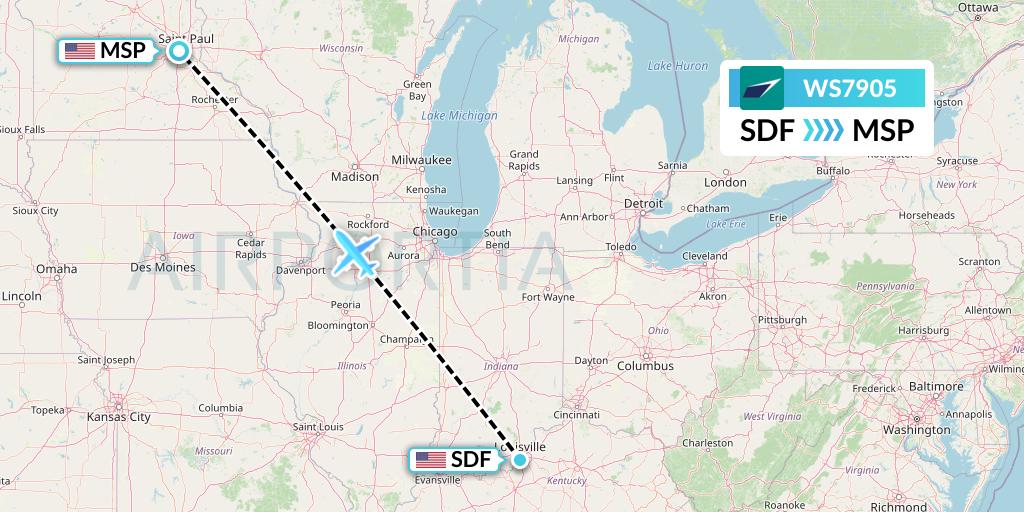 WS7905 WestJet Flight Map: Louisville to Minneapolis