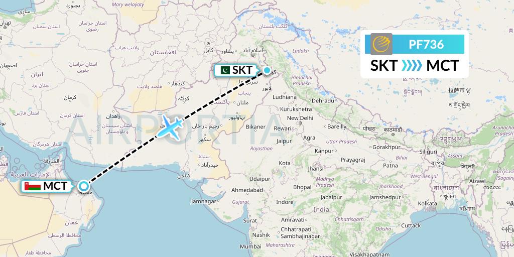 PF736 Air Sial Flight Map: Sialkot to Muscat