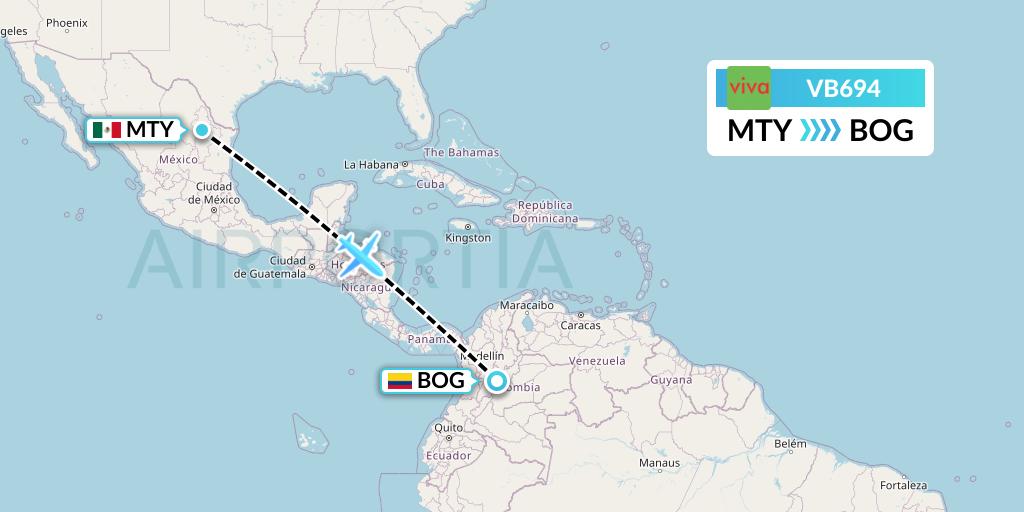 VB694 VivaAerobus Flight Map: Monterrey to Bogota