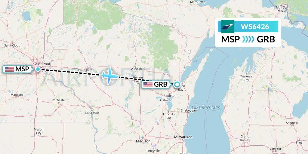 WS6426 WestJet Flight Map: Minneapolis to Green Bay
