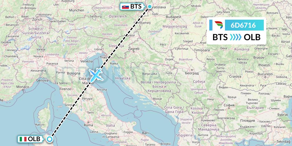 6D6716 Travel Service Slovakia Flight Map: Bratislava to Olbia