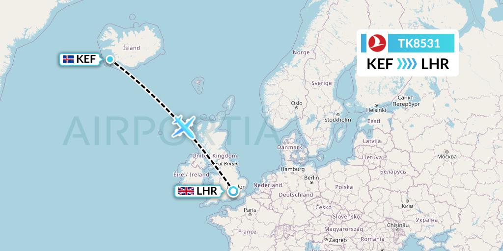 TK8531 Turkish Airlines Flight Map: Reykjavik to London