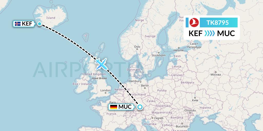 TK8795 Turkish Airlines Flight Map: Reykjavik to Munich