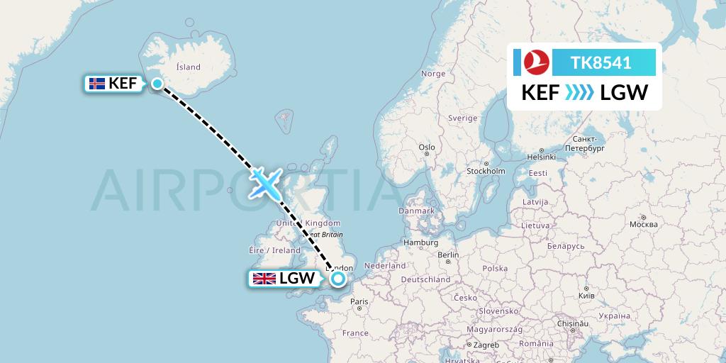 TK8541 Turkish Airlines Flight Map: Reykjavik to London