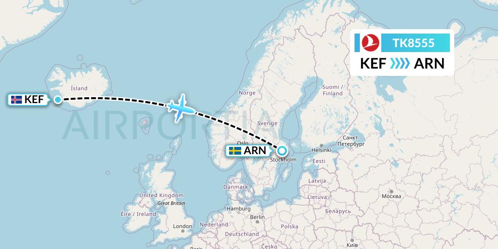 TK8555 Turkish Airlines Flight Map: Reykjavik to Stockholm