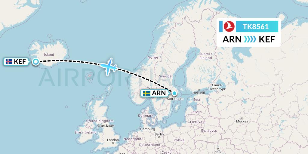 TK8561 Turkish Airlines Flight Map: Stockholm to Reykjavik