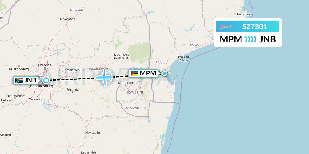 5Z7301 CemAir Flight Map: Maputo to Johannesburg