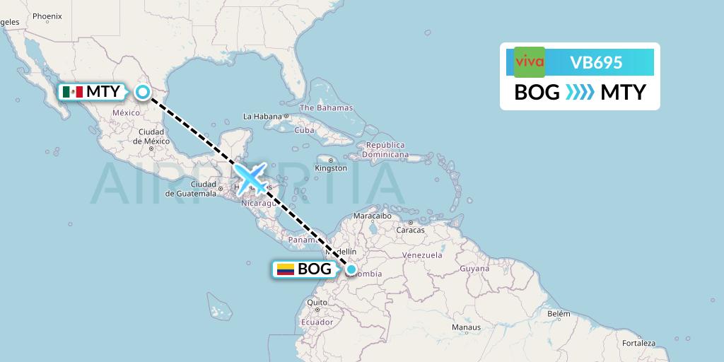 VB695 VivaAerobus Flight Map: Bogota to Monterrey